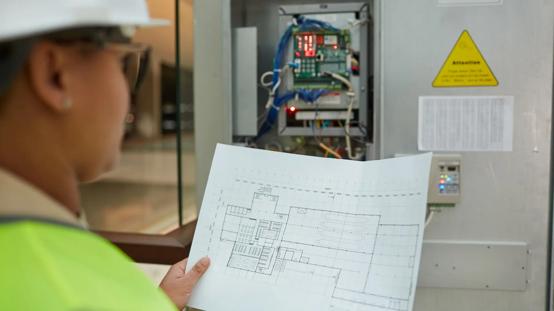 A technician in a hard hat and high-visibility vest is examining a building blueprint in front of an open electrical control panel with visible circuit boards and wiring. A warning sign is displayed on the panel.